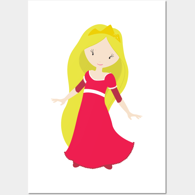 Cute Princess, Crown, Blonde Hair, Red Dress Wall Art by Jelena Dunčević